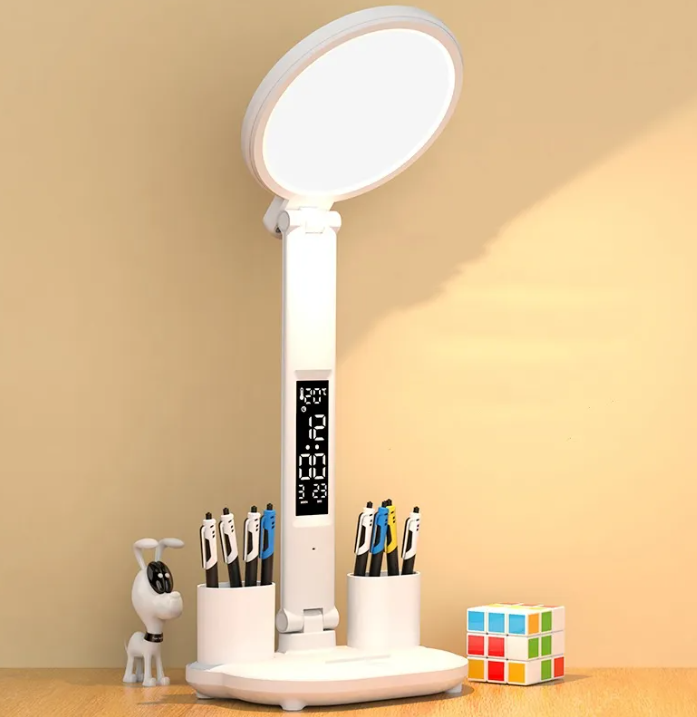 LED Clock Desk Lamp – USB Rechargeable Dimmable Reading Light with Pen Holder